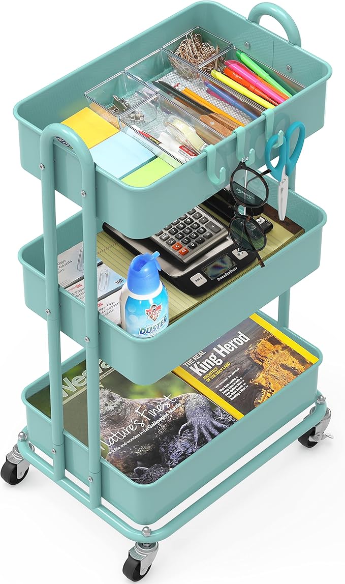Simple Houseware 3-Tier Heavy Duty Metal Utility Rolling Cart, Turquoise