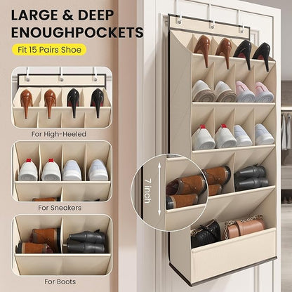 Over the Door Shoe Organizer for Closet, Shoes Rack for Closet with 15 Large Pockets, Hanging Shoe Organizers for Boot Storage, Behind the Door Narrow Shoe Holder for Small Shoes, Beige