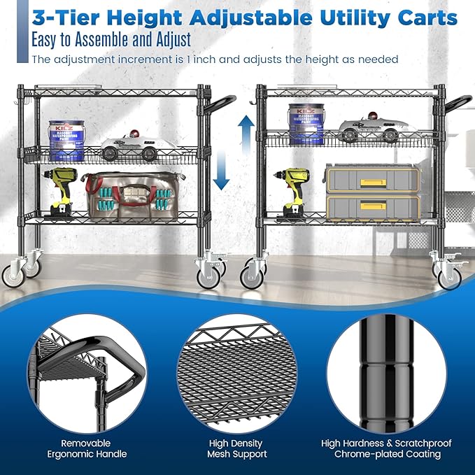 Leteuke 3 Tier Rolling Carts with Wheels,990Lbs Heavy Duty Rolling Utility Cart,NSF Commercial Grade Metal Cart with Handle&Shelf Liner,Trolley Serving Cart for Kitchen,Restaurant,Plant Display,Black