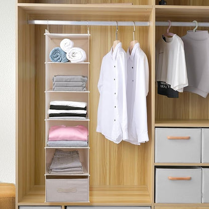 Large Hanging Sweater Organizer for Closet,Collapsible 6-Shelf Hanging Closet Shelves with Drawers, Washable (Beige -6 Shelf-1 d)