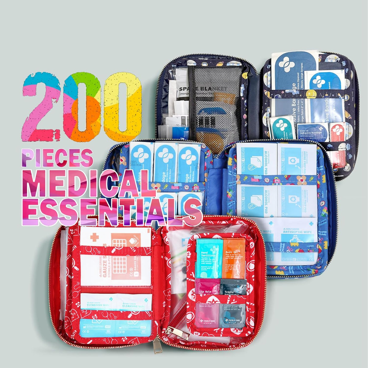 EVERLIT Care Rescue Pack | Family-Friendly First Aid Kit for Kids with 200 Pcs Medical Supplies | Travel-Friendly Compact Storage Bag for Home, Car, Travel, Camping, Adventure (Christmas)