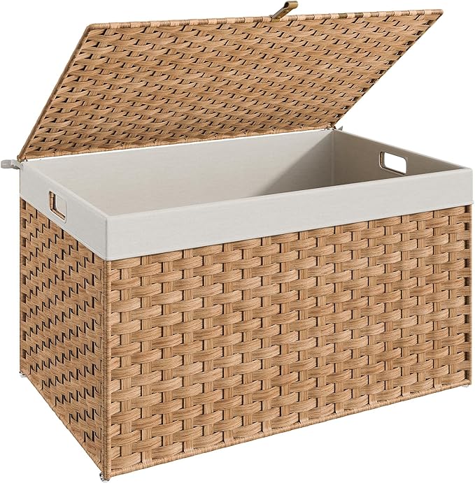 HOOBRO Storage Basket with Lid, 42.3 Gallon (160L) Wicker Basket, Handwoven Blanket Storage Basket with Handles, Metal Frame and Soft Lining, Foldable for Bedroom, Laundry Room, Natural NL216CW01