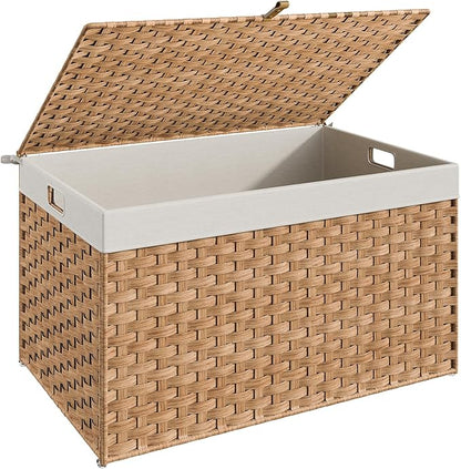 HOOBRO Storage Basket with Lid, 42.3 Gallon (160L) Wicker Basket, Handwoven Blanket Storage Basket with Handles, Metal Frame and Soft Lining, Foldable for Bedroom, Laundry Room, Natural NL216CW01
