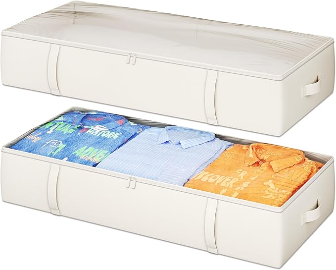 2-Pack Under Bed Storage Containers, 8 Inches Tall Underbed Clothes Storage Organizer Bin with Sturdy Sidewalls/Bottom, Under the Bed Storage Bags 2 Storage Bins, Beige