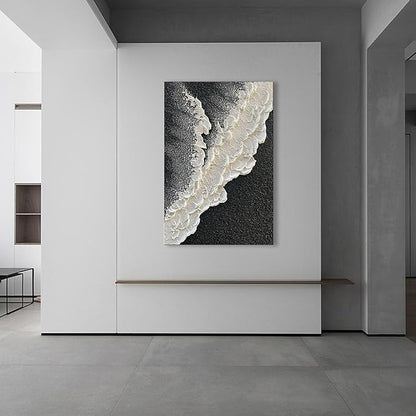 NANKAI Handcrafted Thick Texture Black and White Abstract Canvas Art Ocean Wave Beach Landscape Oil Painting Home Wall Art Deco Oil Painting 24X36 Inches