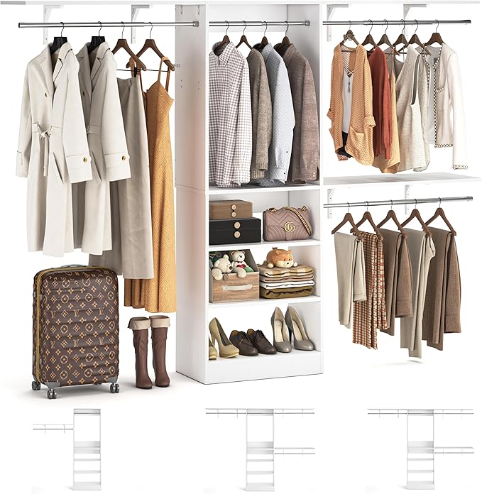 8FT Closet System with Shelves, 96'' Closet Organizer System with 3 Hanging Rods, Wall Mount Bedroom Wardrobe Walk-in Closet, Adjustable Cloth Garment Rack from 5 to 8FT (Cut to Fit), White