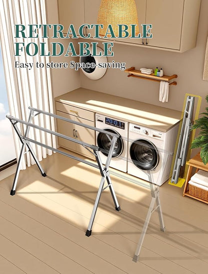 95 Inches Heavy - Duty Stainless Steel Folding Clothes Drying Rack - Indoor/Outdoor Use, Anti-Rust, 20 Windproof Hooks, Portable & Foldable (95'')