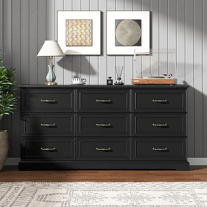 9 Drawer Dresser for Bedroom, 63" Wide Wooden Chest of Drawers, Rustic Farmhouse Dresser with Large Drawers & Metal Handles, Modern Storage Organizer for Closet, Living Room, Hallway, Black