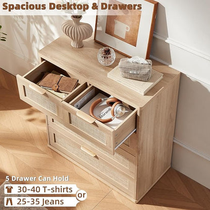 LEYAOYAO Rattan Dresser for Bedroom, 33.5" Tall Chest of Drawers, Modern 5 Drawers Boho Dressers with Storage, Light Oak Dresser Wooden Closet Organizer for Living Room, Hallway, Natural Wood