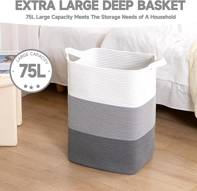 CLHMILY&Z 75L Laundry Basket Rectangular Grey Rope - 16x13x22 Inches - Dirty Clothes and Soft Storage Bin for Blankets, Toys, and Nursery Essentials