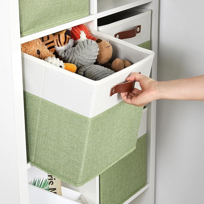 DULLEMELO Fabric Storage Cubes, 12x12 Storage Cube Bins for Organizing, Foldable Storage Baskets Square Cloth Bins for Cube Storage, Cube Organizer for Storage,White&Green