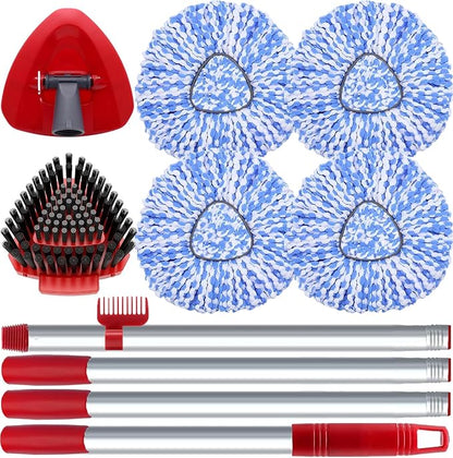 Spin Mop Head and Brush Replacement Compatible with O Cedar RinseClean 2-Tank System, 4 Mop Replace Heads, 1 Handle, 1 Base and 1 Scrub Brush Combo Set