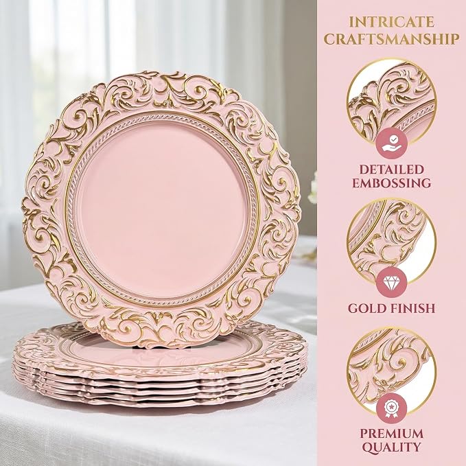 Pink Charger Plates with Gold Embossed Rim, Plate Chargers