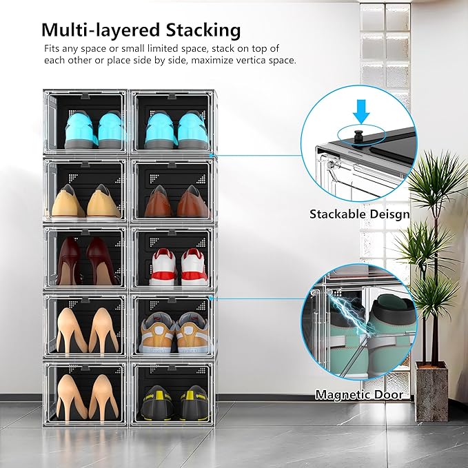 10 Pack Hard Sturdy Thickened Rigid XX Large Shoe Storage Organizer for Closet, Clear Stackable Sneaker Shoe Boxes Rack Containers Display Case Bins with Lids, Black Clear02