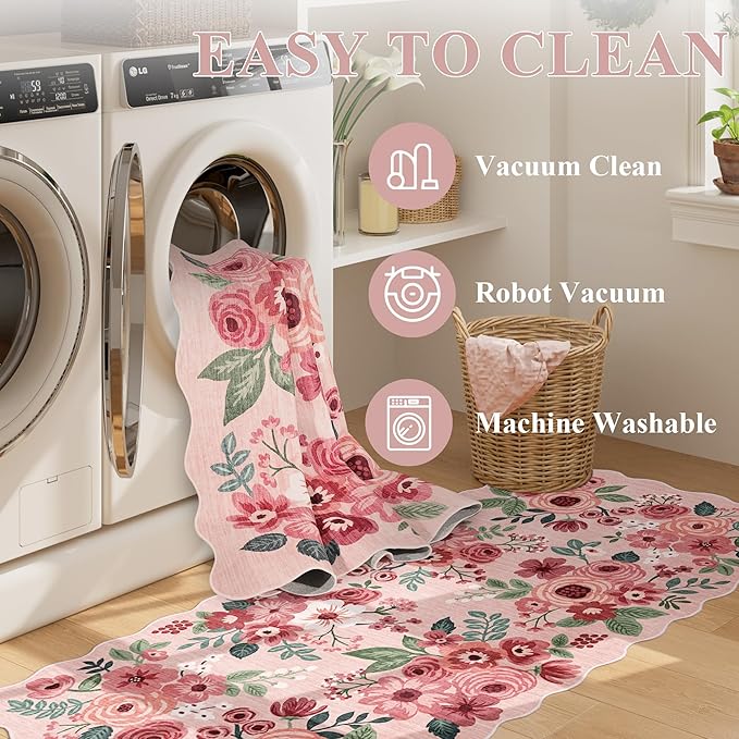 DUKINO 3x5 Area Rug, Floral Non-Slip Indoor Washable Rug with Low Pile & Non-Shedding, Lightwight Boho Design Carpet for Entryway, Bedroom, Kids Room, Living Room, Kitchen, Pink