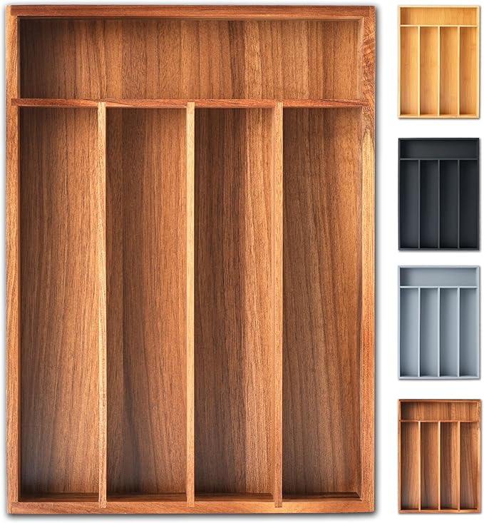 Silverware Organizer, 10 Inch Utensil Organizer Kitchen Drawer Organizer Acacia Silverware Holder Cutlery Tray Organizer in Drawer Flatware Organizer Tray(5 slots, Acacia）