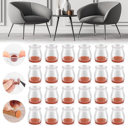 24PCS Upgraded Silicone Chair Leg Floor Protectors for Hardwood Floors, Furniture Sliders for Chair Legs, Felt Bottom Furniture Pads, Anti-Slip Round&Square Cap Covers to Scratch and Reduce Noise