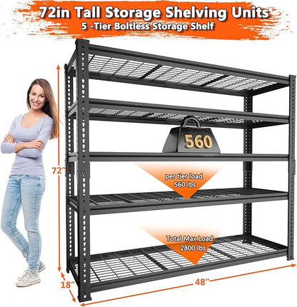 Storage Shelves Heavy Duty, 2 PCS 48" L x 18" W x 72" H Garage Wire Shelving Unit Loads 2800LBS, 5-tier Adjustable Metal Industrial Utility Shelf Rack for Kitchen, Laundry Room, Warehouse, Basement