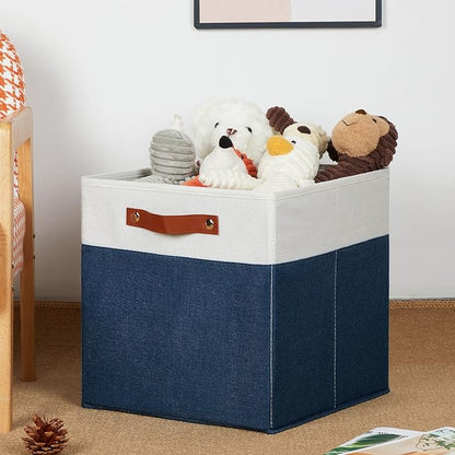 HNZIGE Fabric Storage Cubes Bins for Shelves,13x13 Storage Cubes, Set Of 4 Foldable Cubby Storage Bins for Organizing, Cloth Blue Storage Baskets for Cube Organizer Toy Nursery Shelves(Blue&White)