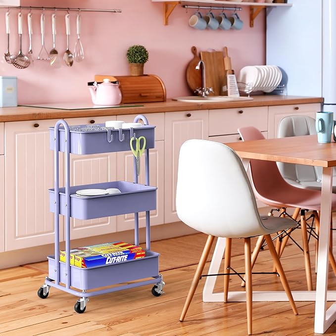 Simple Houseware 3-Tier Heavy Duty Metal Utility Rolling Cart, Purple