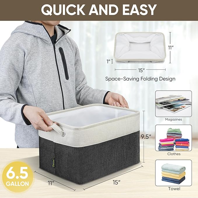 BALEINE Fabric Storage Bins for Shelves, Linen Storage Baskets for Organizing, Decorative Closet Storage Bins for Clothes, Toys, Home Storage (Black, 4 Pack)