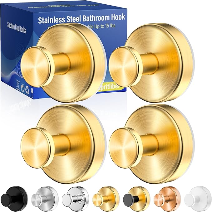 Suction Cup Hooks for Shower,Wreath Hanger for Front Door,Removable No Drill Waterproof Towel Loofah Hook,Upgraded 15 lbs Strong Suction Metal Hooks for Bathroom,Wall,Garland Glass Door-Gold 4 Pcs