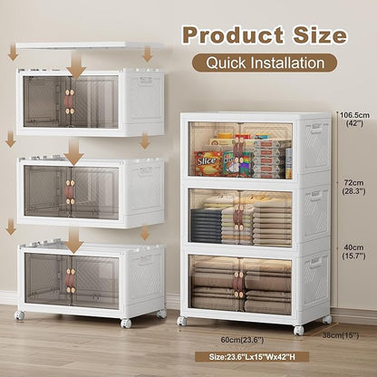 SAILUN 231QT Extra Large Collapsible Storage Bins with Wheels and Lid, Stackable Storage Bins Open Closet Organizers and Storage Storage Containers Drawers,23.6" L × 15" W × 42" H（3 Pack）