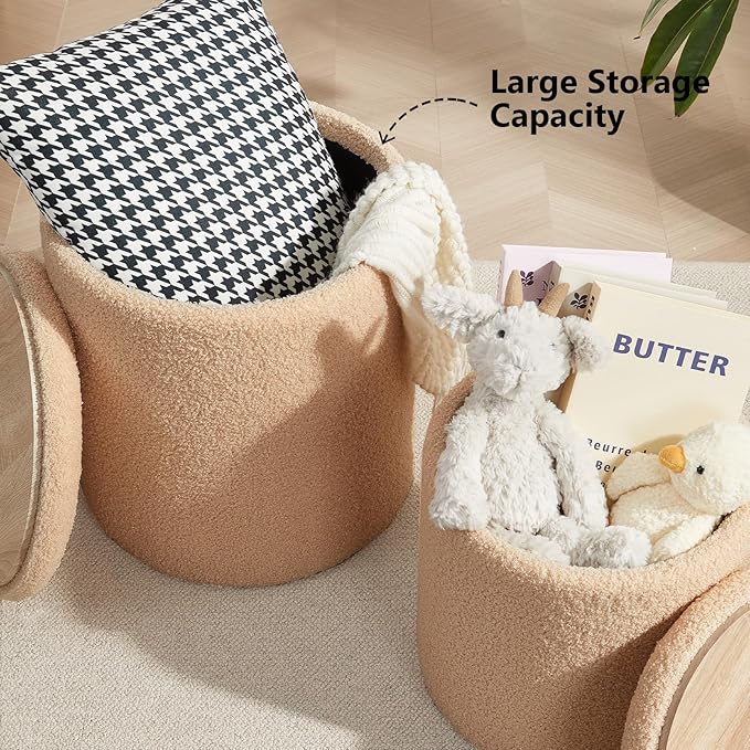 Boucle Round Ottoman with Storage Set of 2,Small Foot Stool Ottoman for Living Room, Small Coffee Table,Vanity Stool with Storage for Bedroom, Beige