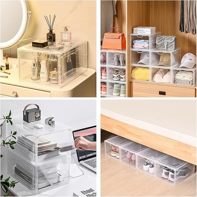 9 Pack Thicken Shoe Organizer Stackable,Upgraded Sturdy Shoe Storage Box with Magnetic Door,Shoe Containers For Sneaker Display,Hat Organizer,White