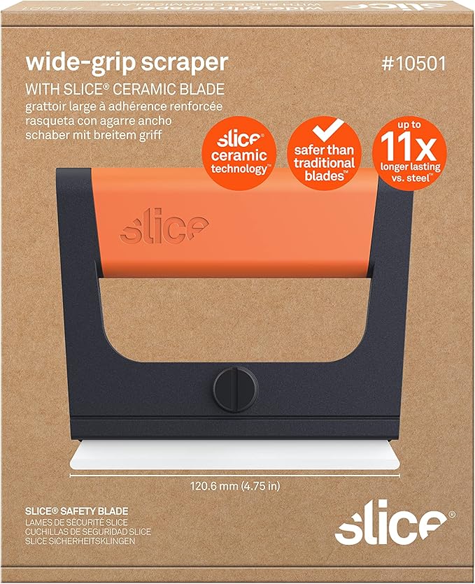 Slice 10501 Wide Scraper, Easy Clean, Ceramic Blade Lasts 11x as Long as Metal, Finger Friendly, Never Rusts, Safety Cap, Short Handle, 6 Pack