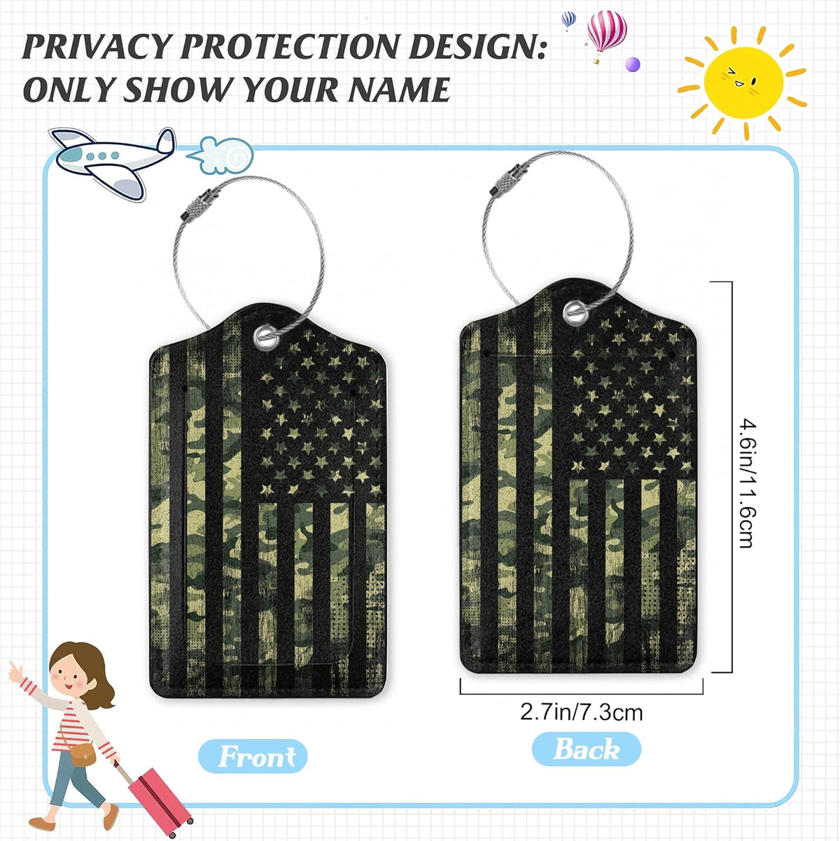 3 Pack Luggage Tag for Suitcase,American Flag USA Flag Leather Luggage Tags with Privacy Cover Name ID Label Identifiers Travel Bag Tags for Women Men Boys Girls