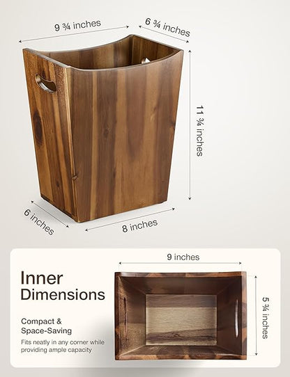 2 Gallons Rectangular Wastebaskets - Acacia Wood Waste Basket with Handles - Small Trash Can for Bathroom - Brown Garbage Bin for Spa Bathroom Decorative, Kitchen Counter, Living Room (Walnut)