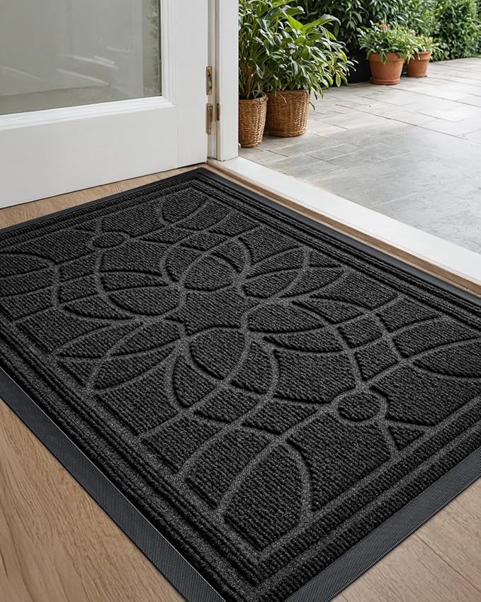 DEXI Front Door Mat Outside Entrance, Heavy Duty Non Slip Low Profile Doormat for Entryway, Trap Dirt and Moisture Welcome Mats, Easy Clean, Patio, Garage, 17x29, Black