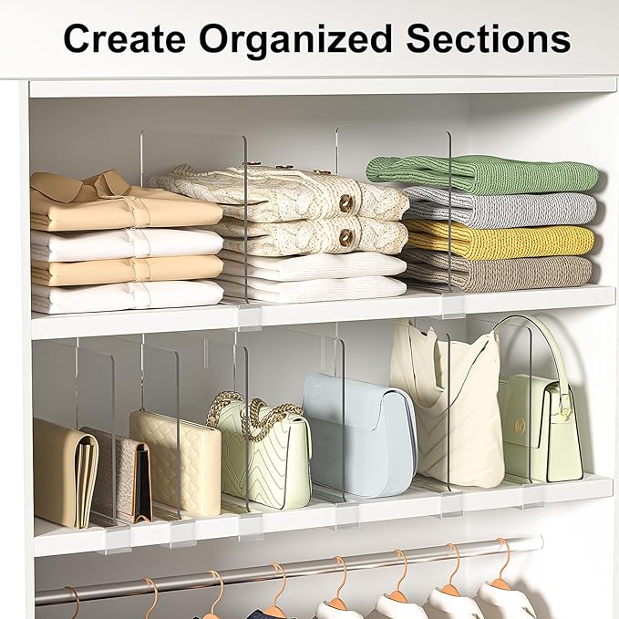Shelf Dividers Purse Organizer for Closet: 16-Pack Acrylic Bag Storage Organizer for Handbags, Clutches, Clothes, Sweater, Towel on Wood Shelves