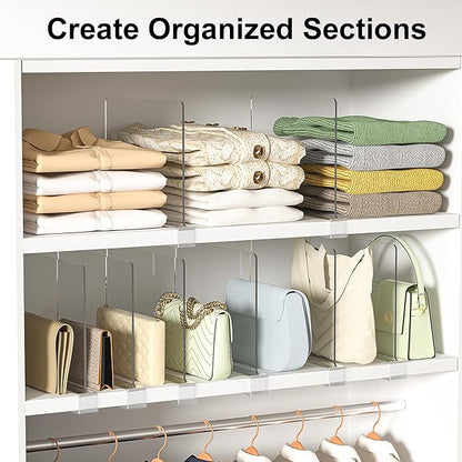Shelf Dividers Purse Organizer for Closet: 6-Pack Acrylic Bag Storage Organizer for Handbags, Clutches, Clothes, Sweater, Towel on Wood Shelves