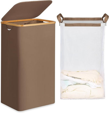 26 Gal Laundry Basket with Lid and Net Bag, Tall Laundry Hamper with Bamboo Handles, Aesthetic Dirty Clothes Bin for Laundry Room, Bathroom, Bedroom and Dorm, Brown