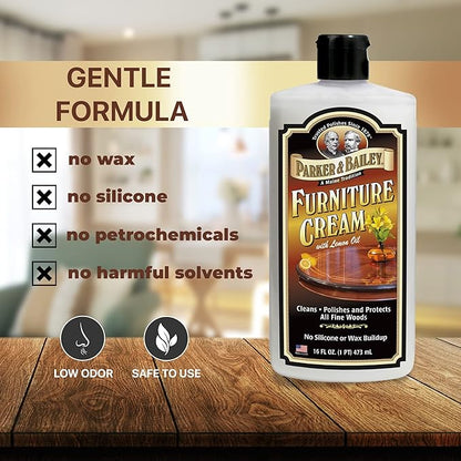 Parker & Bailey Furniture Cream - Multisurface Wood Cleaner and Polish Furniture Quick Shine Restorer Protector Kitchen Cabinets Surface Cleaner House Cleaning Supplies Home Improvement