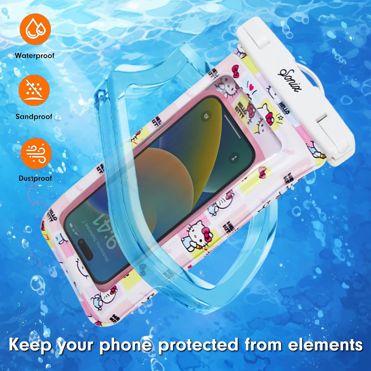 Sonix x Sanrio Waterproof Phone Pouch - Floating Phone Case Dry Bag w/Crossbody Lanyard - Beach Cruise Travel Essentials - Compatible w/All Devices, Touchscreen Friendly | Hello Kitty Grid