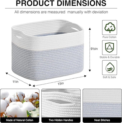 Woven Cotton Rope Storage Basket for Organizing, Cute Decorative Baskets for Gifts Empty, Organizer Bins for Dog Toy, Baby Laundry, 15“×11”×9.5“, Off White & Blue