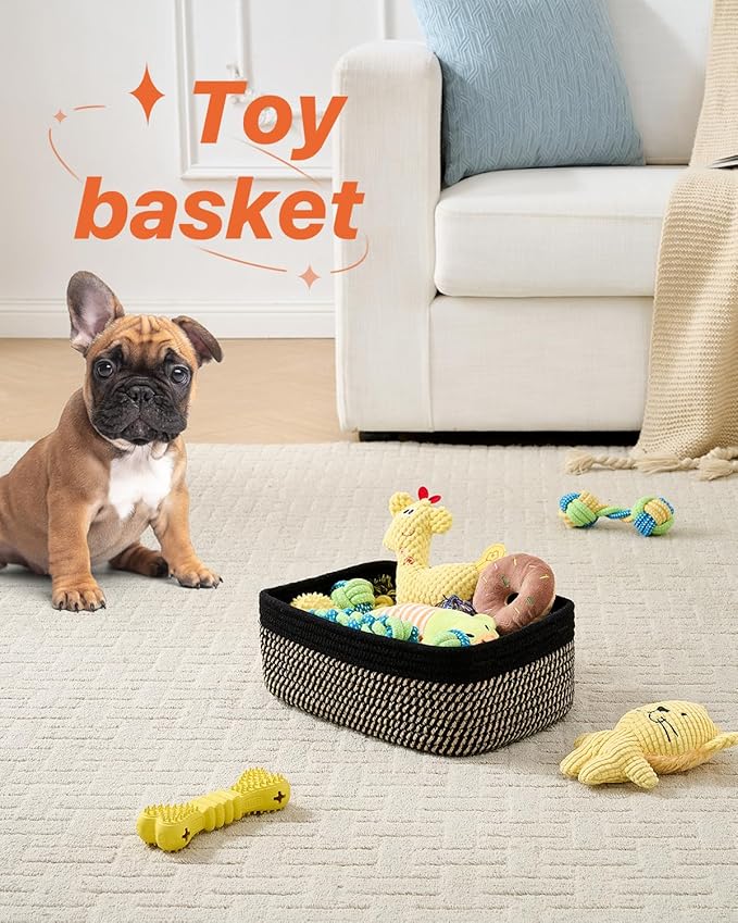 Small Woven Basket, 12 x 8 x 4.5 Inches, Storage Basket for Organizing, Cute Small Rope Shelf Closet Cube Storage Bins Baskets for Shelves, Dog Toy Gift Baskets Empty, 3 Pack Black & Brown