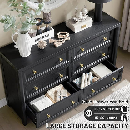 Black Dresser, Farmhouse 6 Drawer Dresser for Bedroom, 52 inch Wide Dressers with Deep Drawers, Vintage Dressers, Solid Wood Chest of Drawers for Bedroom, Nursery