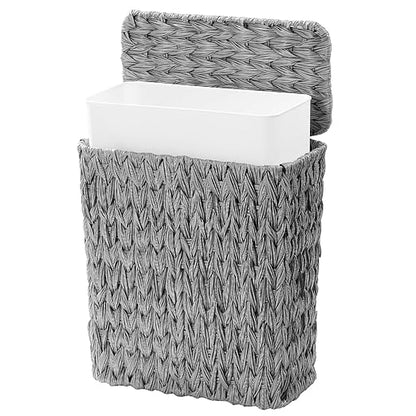 3 Gallon Wicker Trash Can,Grey Bathroom Trash Cans with Lid,Waterproof Slim Waste Basket for Bedroom,Home Office,Narrow Garbage Can with Removable Liner