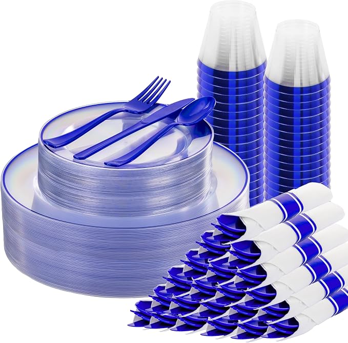SUT 175 Pcs Blue and Clear Plastic Dinnerware Set