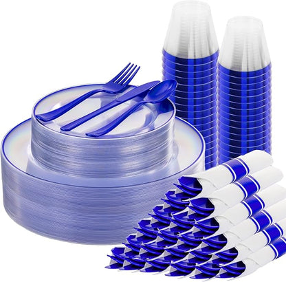 SUT 175 Pcs Blue and Clear Plastic Dinnerware Set
