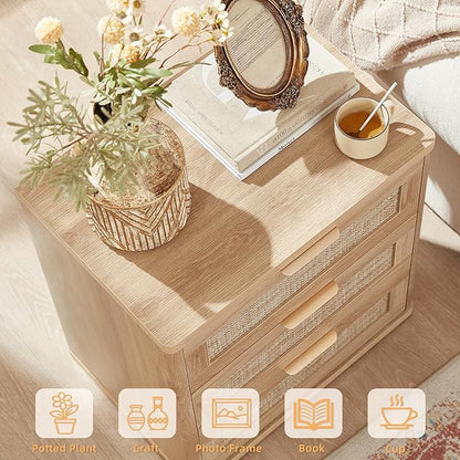 LEYAOYAO Rattan Night Stand with Drawers, 23" Large 3 Drawer Boho Nightstand, Natural Wood Bedside Table Storage Cabinet, Bed Side End Tables Dresser for Bedroom, Living Room, Hallway, Closet