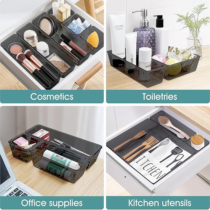 WOWBOX 25 PCS Plastic Drawer Organizer Set, Desk Drawer Divider Organizers and Storage Bins for Makeup, Jewelry, Gadgets for Kitchen, Bedroom, Bathroom, Office, Black