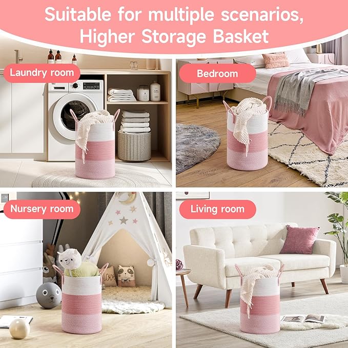 CLHMILY&Z 40L Laundry Basket Round Storage Rope Basket - 13x18 Inches - Pink Hamper in Bedreoom and Cute Storage Bin for Blankets, Toys, and Nursery Essentials