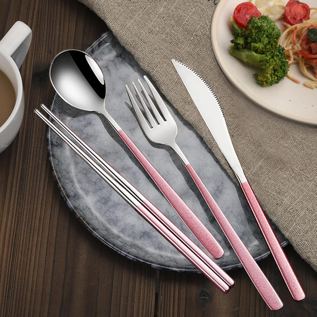 VANRA 4-Piece Portable Travel Utensils Set with Case 18/8 Stainless Steel Flatware Set Reusable Cutlery Set with Fork Spoon Knife Chopstick for Lunch Travel Camping School Work Picnic (Pink)