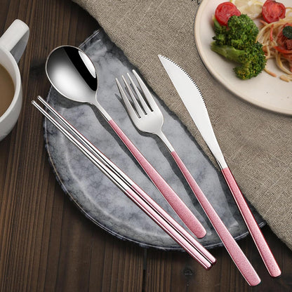 VANRA 4-Piece Portable Travel Utensils Set with Case 18/8 Stainless Steel Flatware Set Reusable Cutlery Set with Fork Spoon Knife Chopstick for Lunch Travel Camping School Work Picnic (Pink)