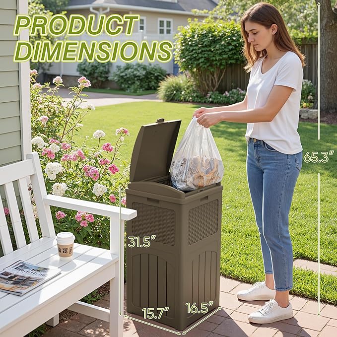 Greesum 33 Gallon Resin Outdoor Trash Can with Lid, Waterproof Resin Garbage Bin for Hideaway, Patio, Deck, 4 Pack, Light Brown
